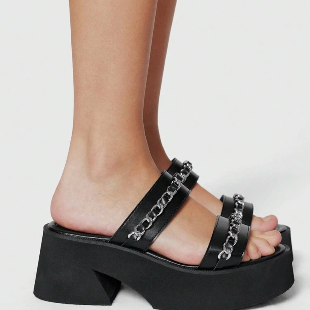 Black Platform Sandals with Chain Detail